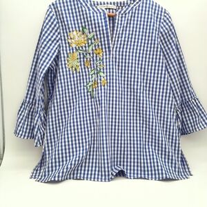Avon Signature Collection Blue Gingham Floral Embroidered Blouse Top